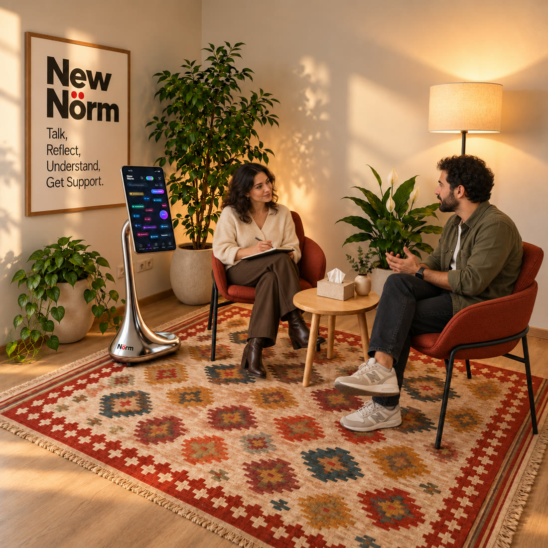 A specialist listens and takes notes while a client speaks in a therapy room
