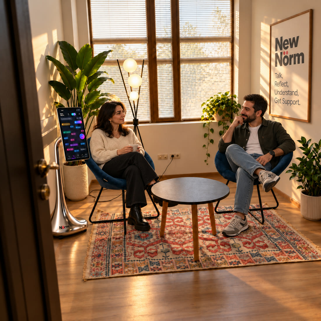 Two people in conversation in a sunlit therapy room at the New Nörm Centre